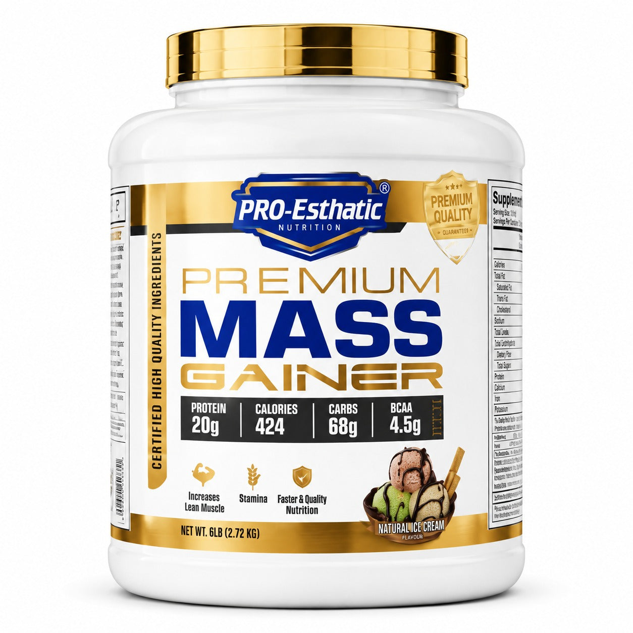 Pro-Esthatic Nutrition Premium Mass Gainer 6lb supplement container with 20g protein, 68g carbohydrates and 424 calories