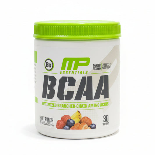 BCAA Essentials Optimized Branched-Chain Amino Acids Fruit Punch supplement with 6g per serving and 30 servings