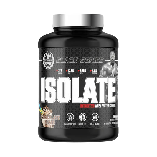 A tub of Black Series Isolate Whey Protein Isolate in Chocolate Shake flavor. The product is in a black plastic container with a silver lid and a black label featuring white and red text, a muscular man's photo, and product details.
