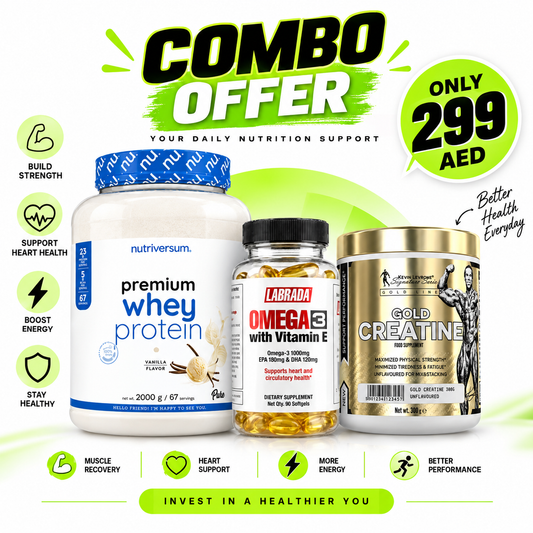A promotional combo offer graphic featuring three supplement products: a large white tub of Nutriversum premium whey protein, a black bottle of Labrada Omega 3 with Vitamin E, and a gold canister of Life Extension Gold Creatine. The background is white with green and black graphic elements, including icons for health benefits and a price badge reading 'Only 299 AED'.