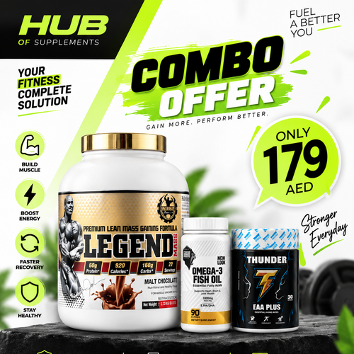 Dexter Jackson Legend Mass 2.27kg with Thunder Nutrition EAA Plus and Omega-3 Fish Oil 90 softgels combo offer for 179 AED in Dubai UAE