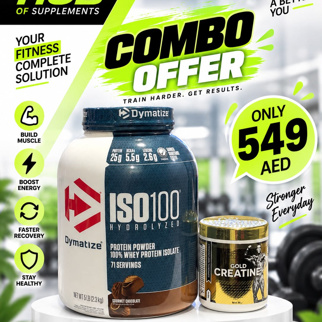 Dymatize ISO100 Hydrolyzed 5 Lbs 2.3kg Gourmet Chocolate with Kevin Levrone Gold Creatine 300g combo offer for 549 AED in Dubai UAE