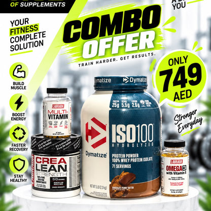 Dymatize ISO100 Hydrolyzed 5 Lbs Chocolate Peanut Butter with Labrada Creatine Multivitamin and Omega 3 combo offer 749 AED Dubai UAE