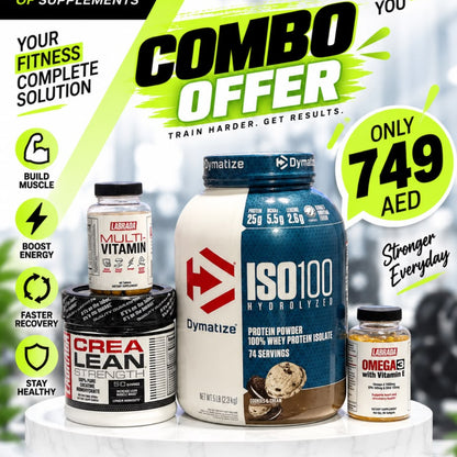 Dymatize ISO100 Hydrolyzed 5 Lbs Cookies and Cream with Labrada Creatine Multivitamin and Omega 3 combo offer 749 AED Dubai UAE