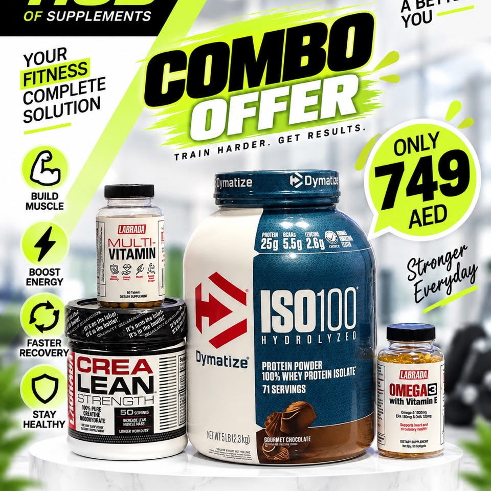 Dymatize ISO100 Hydrolyzed 5 Lbs Gourmet Chocolate with Labrada Creatine Multivitamin and Omega 3 combo offer 749 AED Dubai UAE