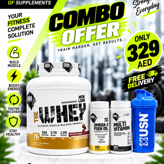 Gibbon Nutrition The Wreck Whey Protein 5 Lbs Mocha Chino with Omega-3 Fish Oil 90 capsules, Multivitamin 90 tablets and free shaker combo for 329 AED in Dubai UAE