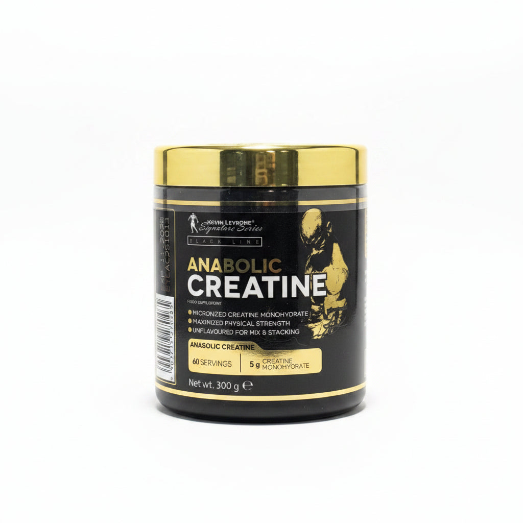 Kevin Levrone Signature Series Anabolic Creatine unflavoured creatine monohydrate supplement, 300g container with 60 servings on a white background.