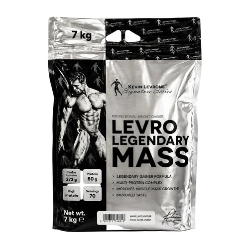 A 7 kg bag of Kevin Levrone Signature Series 'Levro Legendary Mass' vanilla flavor protein powder. The packaging is metallic silver with black graphics of a muscular bodybuilder and bold black text.