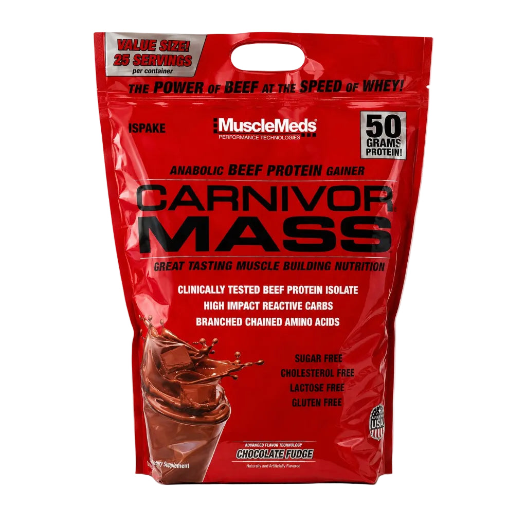 A red stand-up bag of MuscleMeds Carnivor Mass anabolic beef protein gainer by Ispace, featuring a chocolate splash graphic and text indicating 50 grams protein and chocolate fudge flavor.