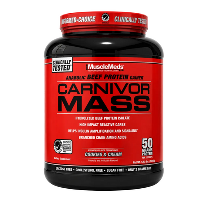 MuscleMeds Carnivor Mass Cookies and Cream beef protein mass gainer container with 50g protein per 2 scoops