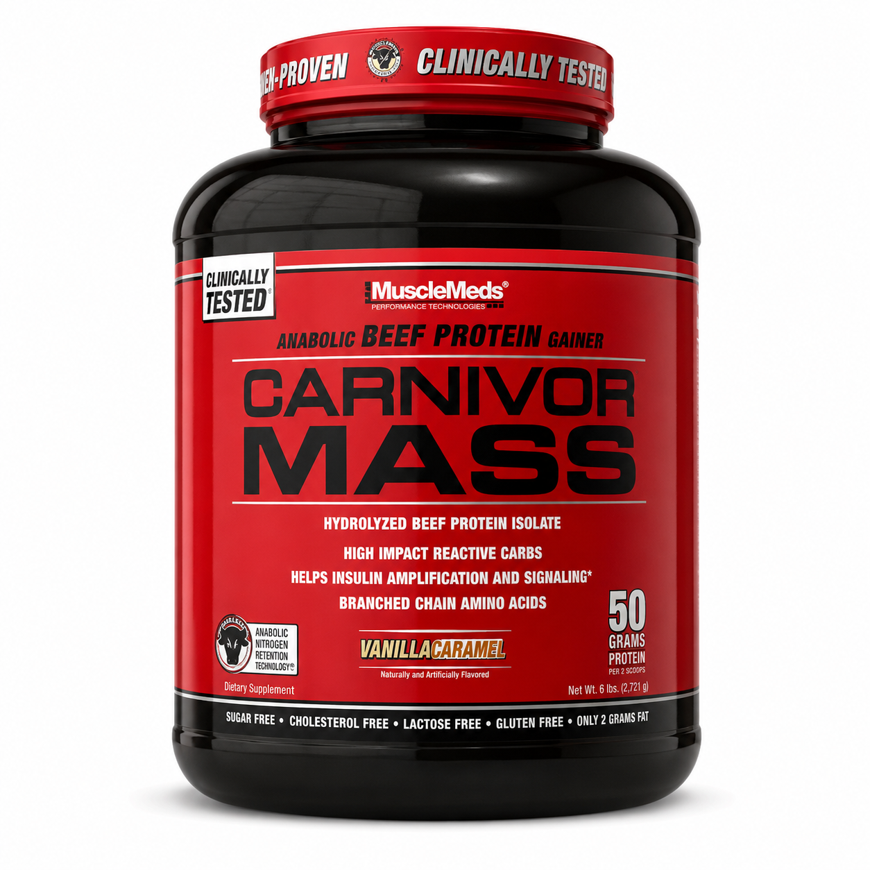 MuscleMeds Carnivor Mass beef protein gainer Vanilla Caramel flavor supplement container with 50g protein per 2 scoops