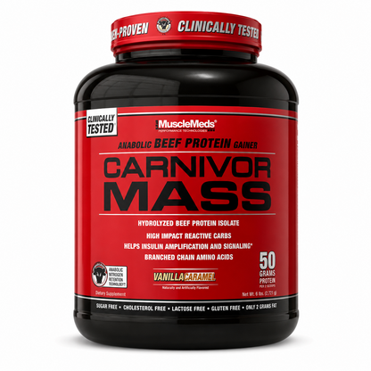 MuscleMeds Carnivor Mass beef protein gainer Vanilla Caramel flavor supplement container with 50g protein per 2 scoops