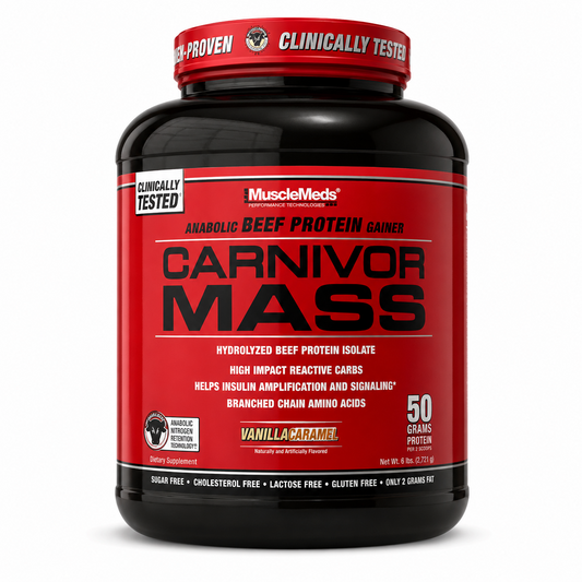 MuscleMeds Carnivor Mass beef protein gainer Vanilla Caramel flavor supplement container with 50g protein per 2 scoops