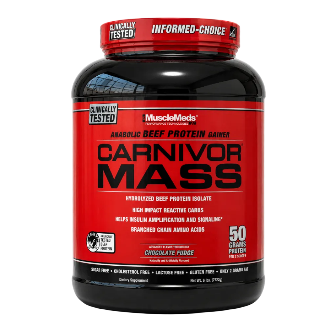MuscleMeds Carnivor Mass hydrolyzed beef protein mass gainer Chocolate Fudge flavor container with 50g protein per 2 scoops