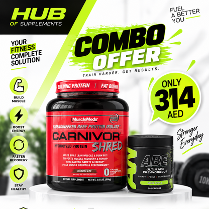 Promotional banner for a combo offer from Hub of Supplements featuring MuscleMods Carnivor Shred and ABE Ultimate Pre-Workout. The image includes product bottles on a white pedestal with promotional text, pricing ('Only 314 AED'), and feature icons on a white background with green and black graphic elements.
