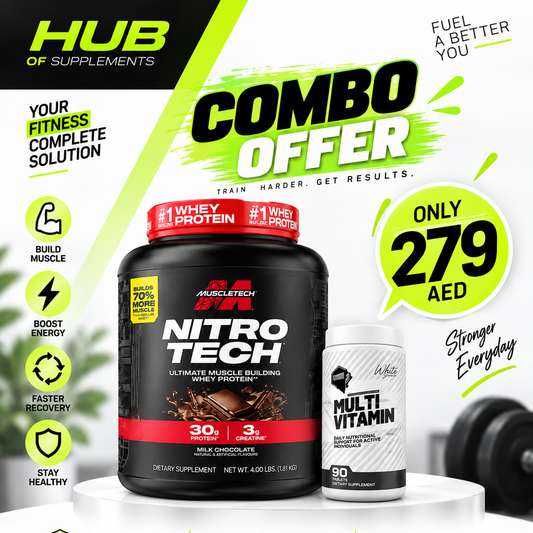 MuscleTech Nitro-Tech 4 Lbs 1.81kg Milk Chocolate whey protein with Gibbon Nutrition Multi Vitamin 90 tablets combo offer for 279 AED in Dubai UAE