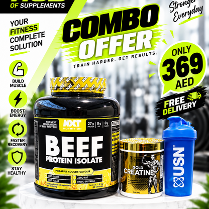 NXT Nutrition Beef Protein Isolate 1.8kg Pineapple Cooler with Gold Creatine 300g and free shaker combo offer for 369 AED in Dubai UAE