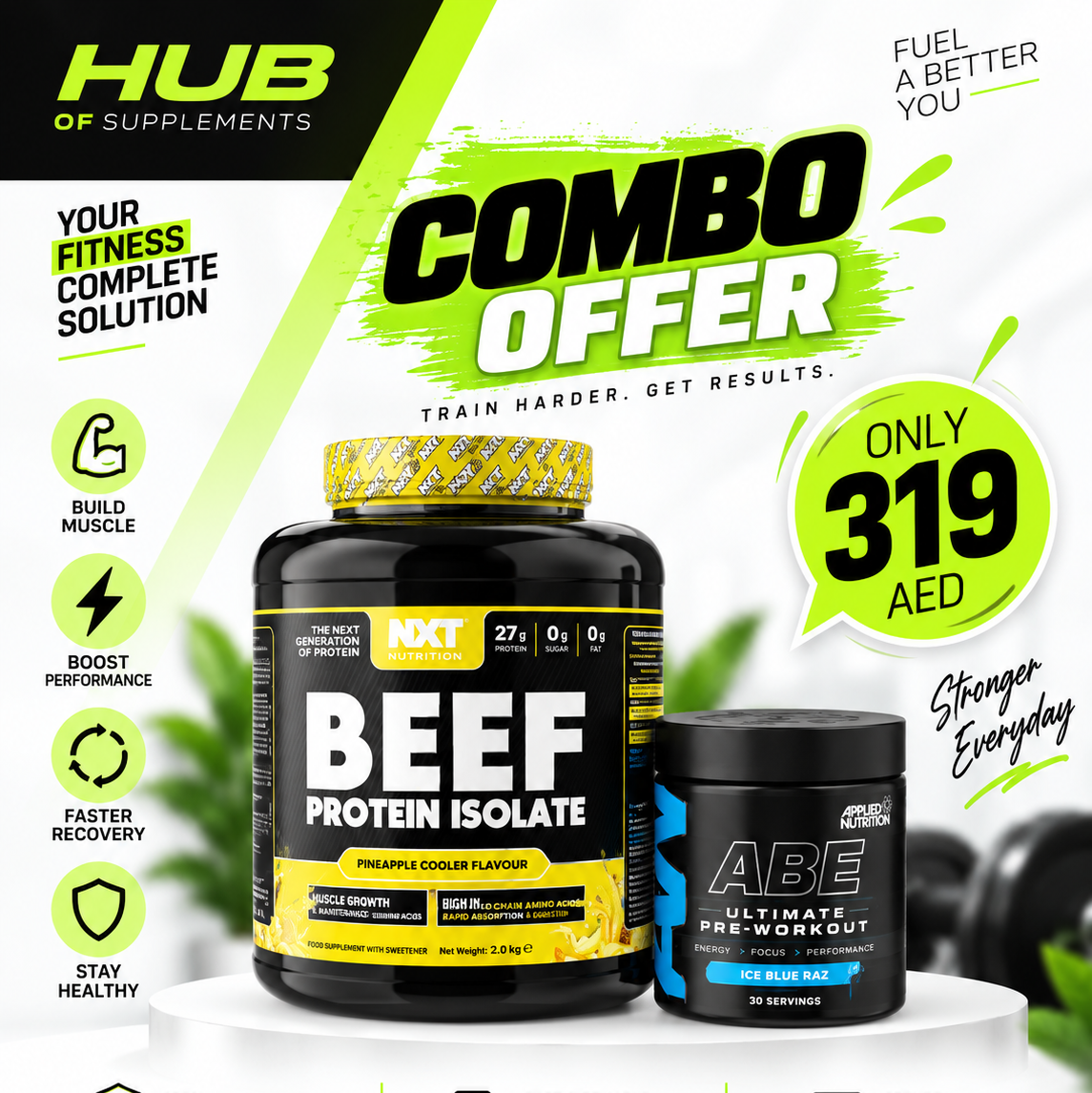 NXT Nutrition Beef Protein Isolate 2kg Pineapple Cooler with Applied Nutrition ABE Ultimate Pre-Workout 30 servings Ice Blue Raz combo offer for 319 AED in Dubai UAE