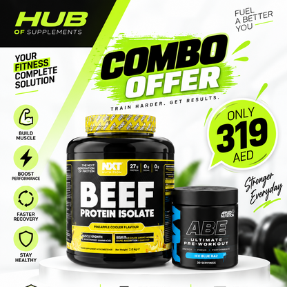 NXT Nutrition Beef Protein Isolate 2kg Pineapple Cooler with Applied Nutrition ABE Ultimate Pre-Workout 30 servings Ice Blue Raz combo offer for 319 AED in Dubai UAE