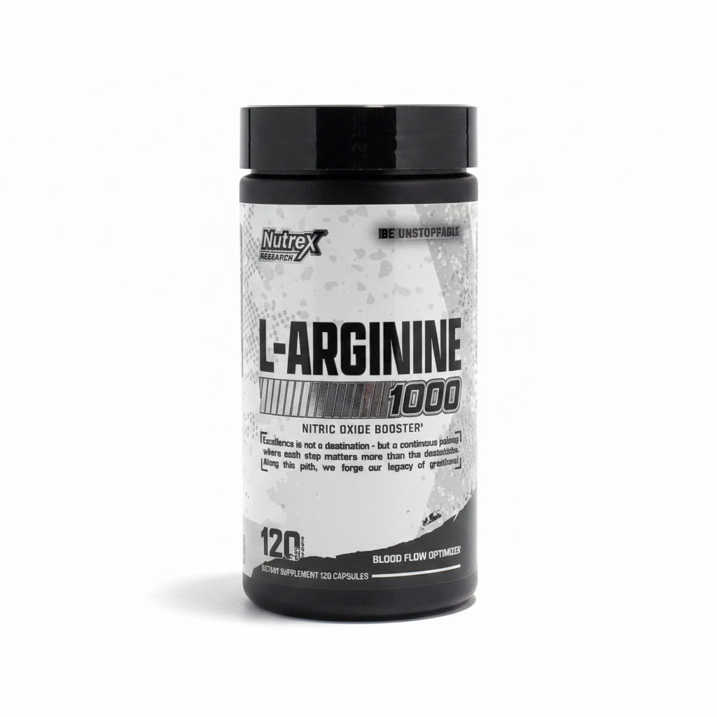 Nutrex Research L-Arginine 1000 nitric oxide booster supplement bottle with 120 capsules