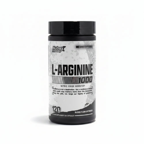 Nutrex Research L-Arginine 1000 nitric oxide booster supplement bottle with 120 capsules