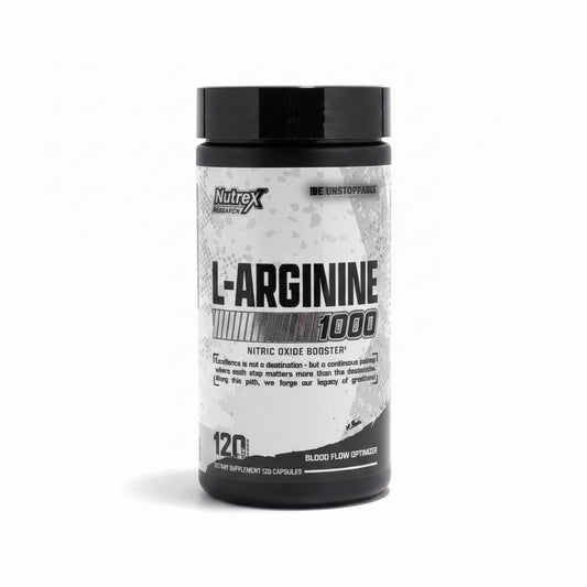 Nutrex Research L-Arginine 1000 nitric oxide booster supplement bottle with 120 capsules