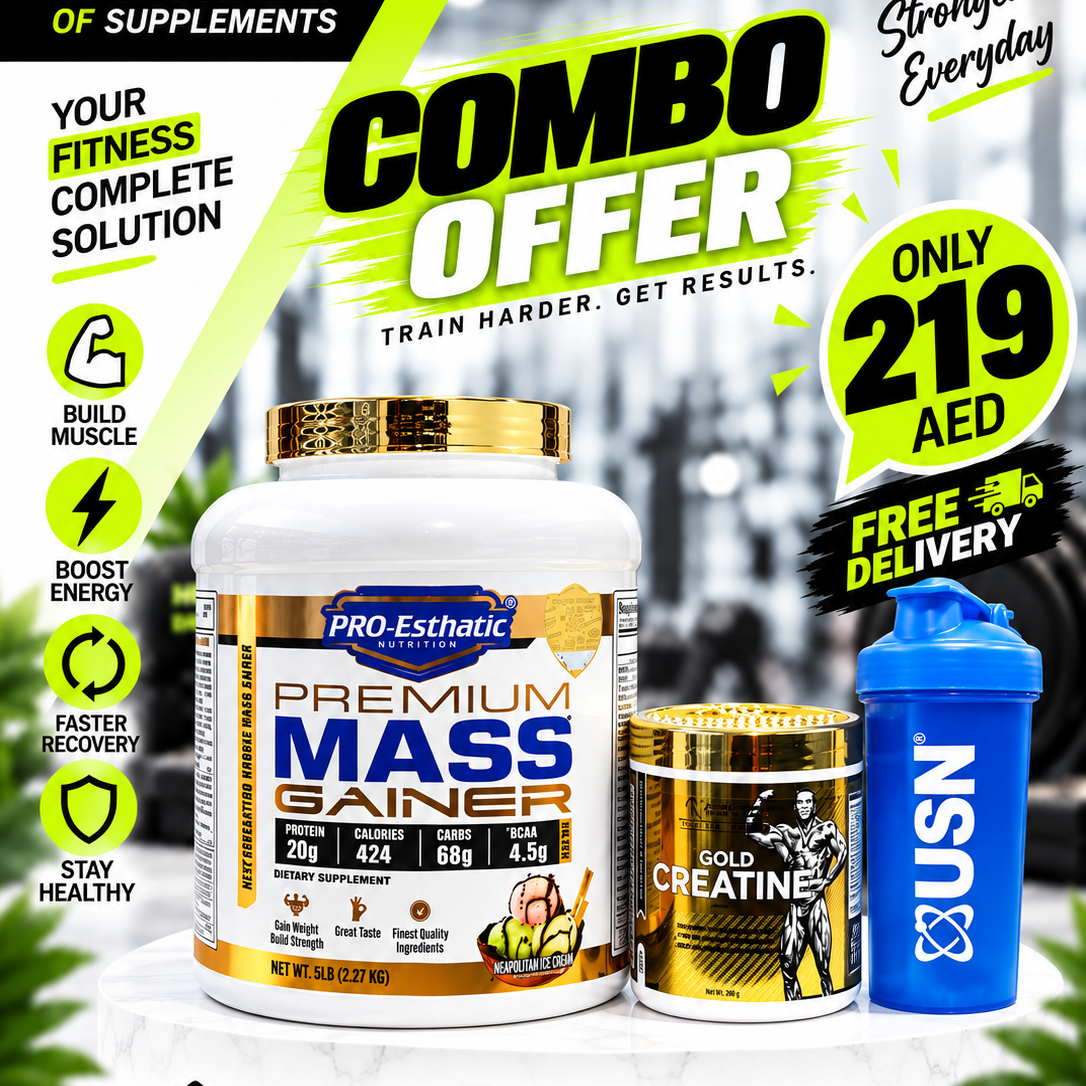 Pro-Esthetic Premium Mass Gainer 5 Lbs 2.27kg Neapolitan Ice Cream with Gold Creatine 200g and free shaker combo offer for 219 AED in Dubai UAE