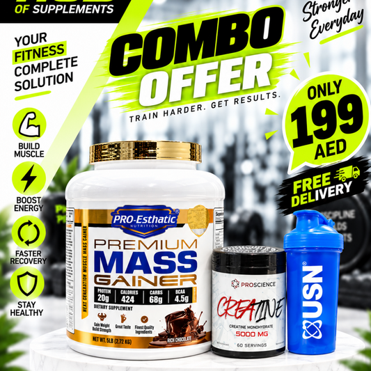 Pro-Esthetic Premium Mass Gainer 5 Lbs 2.27kg Rich Chocolate with ProScience Creatine Monohydrate 5000mg 60 servings and free shaker combo offer for 199 AED in Dubai UAE