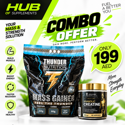 Thunder Nutrition Mass Gainer 7kg and Kevin Levrone Gold Line Anabolic Creatine 300g combo offer for 199 AED in Dubai UAE