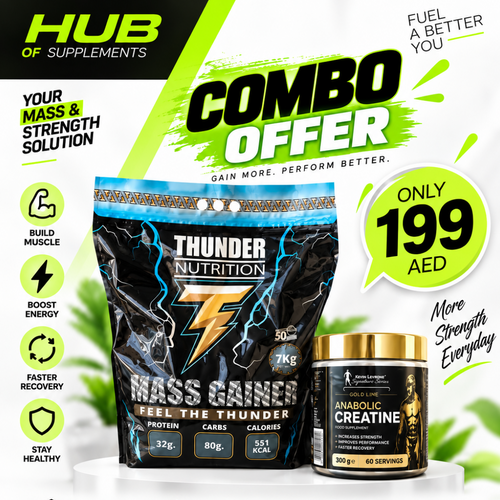 Thunder Nutrition Mass Gainer 7kg and Kevin Levrone Gold Line Anabolic Creatine 300g combo offer for 199 AED in Dubai UAE