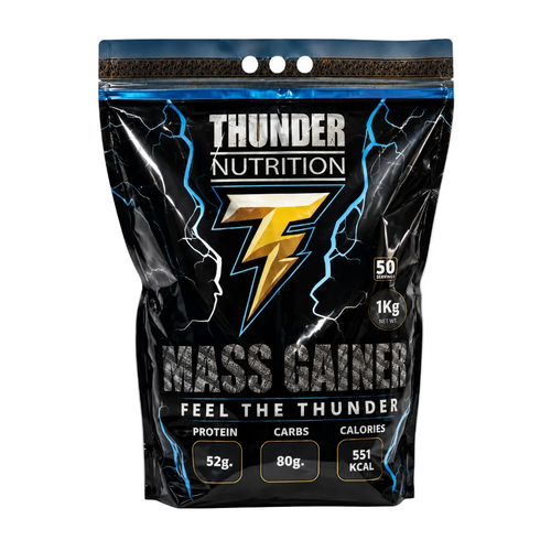 Thunder Nutrition T7 Mass Gainer 1kg supplement pouch with 52g protein, 80g carbs and 551 calories