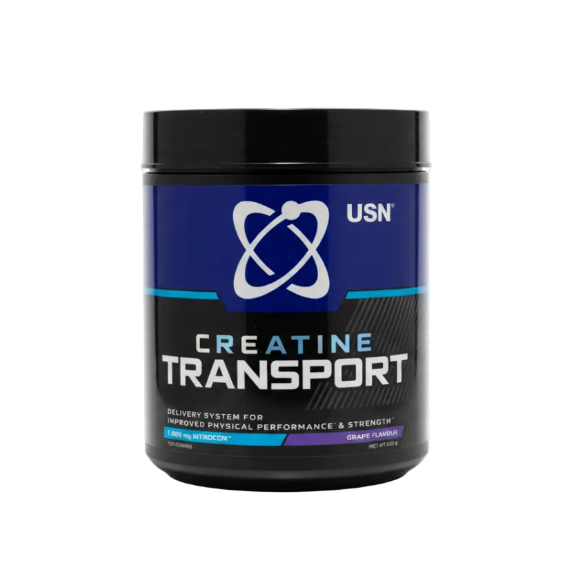 USN Creatine Transport Grape flavor powdered creatine supplement container on a white background.