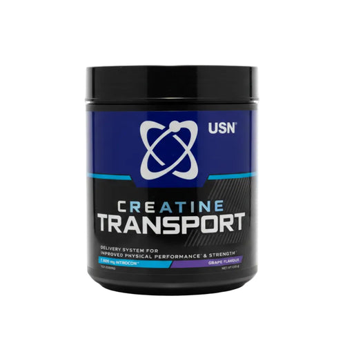 USN Creatine Transport Grape flavor powdered creatine supplement container on a white background.
