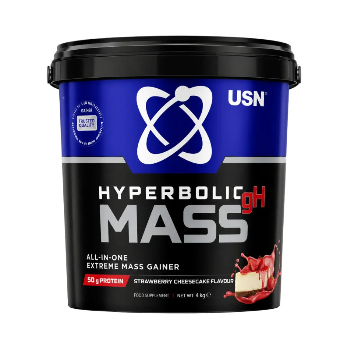 USN Hyperbolic Mass GH all-in-one extreme mass gainer in Strawberry Cheesecake flavour, 4kg tub with 50g protein.
