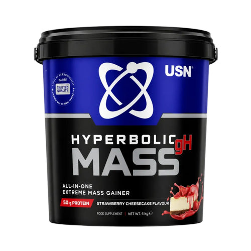 USN Hyperbolic Mass GH all-in-one extreme mass gainer in Strawberry Cheesecake flavour, 4kg tub with 50g protein.