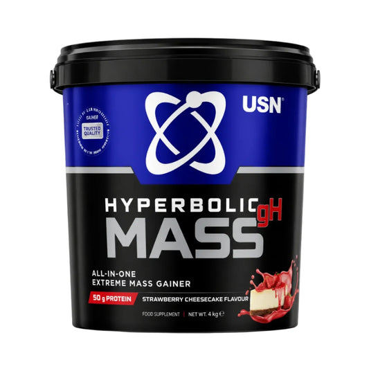 USN Hyperbolic Mass GH all-in-one extreme mass gainer in Strawberry Cheesecake flavour, 4kg tub with 50g protein.