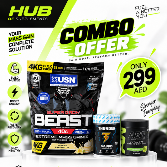 Promotional banner for a supplement combo offer by Hub of Supplements, featuring a 4kg bag of Beast Extreme Mass Gainer, a blue jar of Thunder F&A Plus, and a black jar of ABE Ultimate Pre-workout on a white pedestal with promotional text and icons.