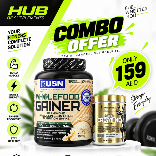 USN Wholefood Gainer 2kg Vanilla with Kevin Levrone Gold Creatine 300g fitness supplement combo offer for 159 AED in Dubai UAE