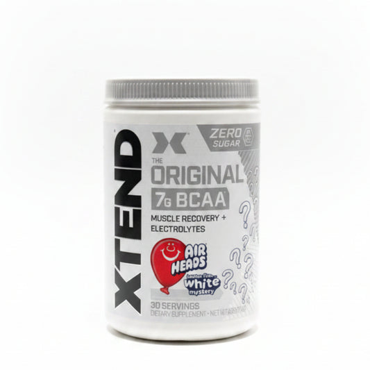 Xtend The Original 7g BCAA Muscle Recovery and Electrolytes Air Heads White Mystery Zero Sugar supplement container